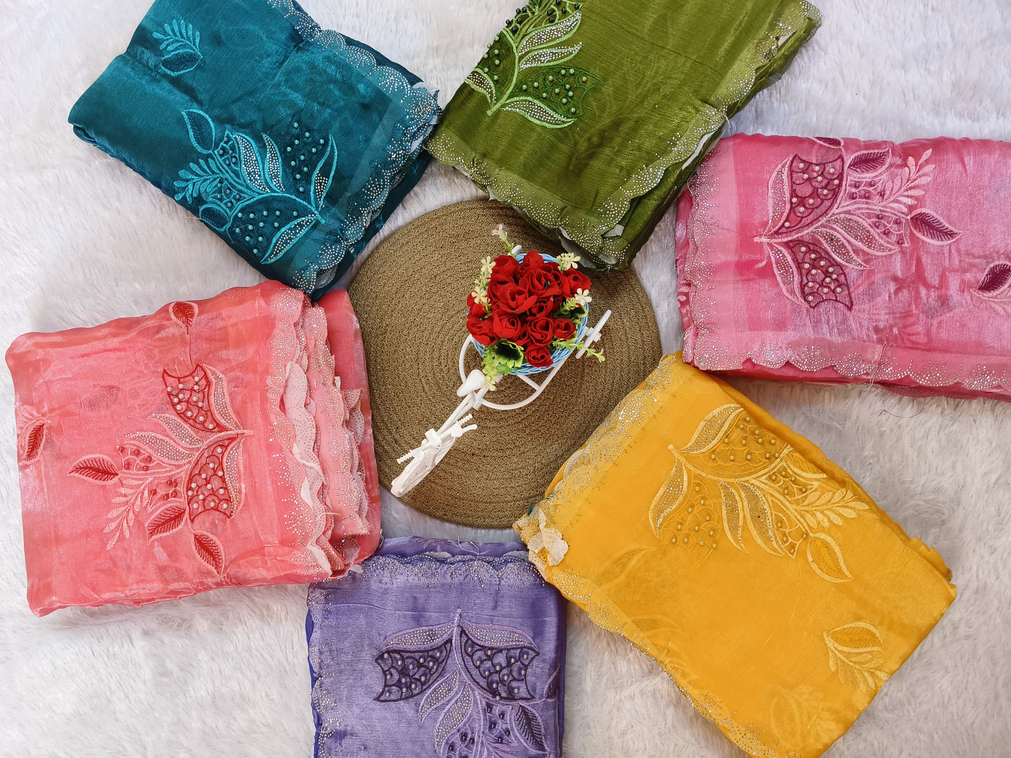 Coral Orange Embroidery sequence jimmichoo Saree