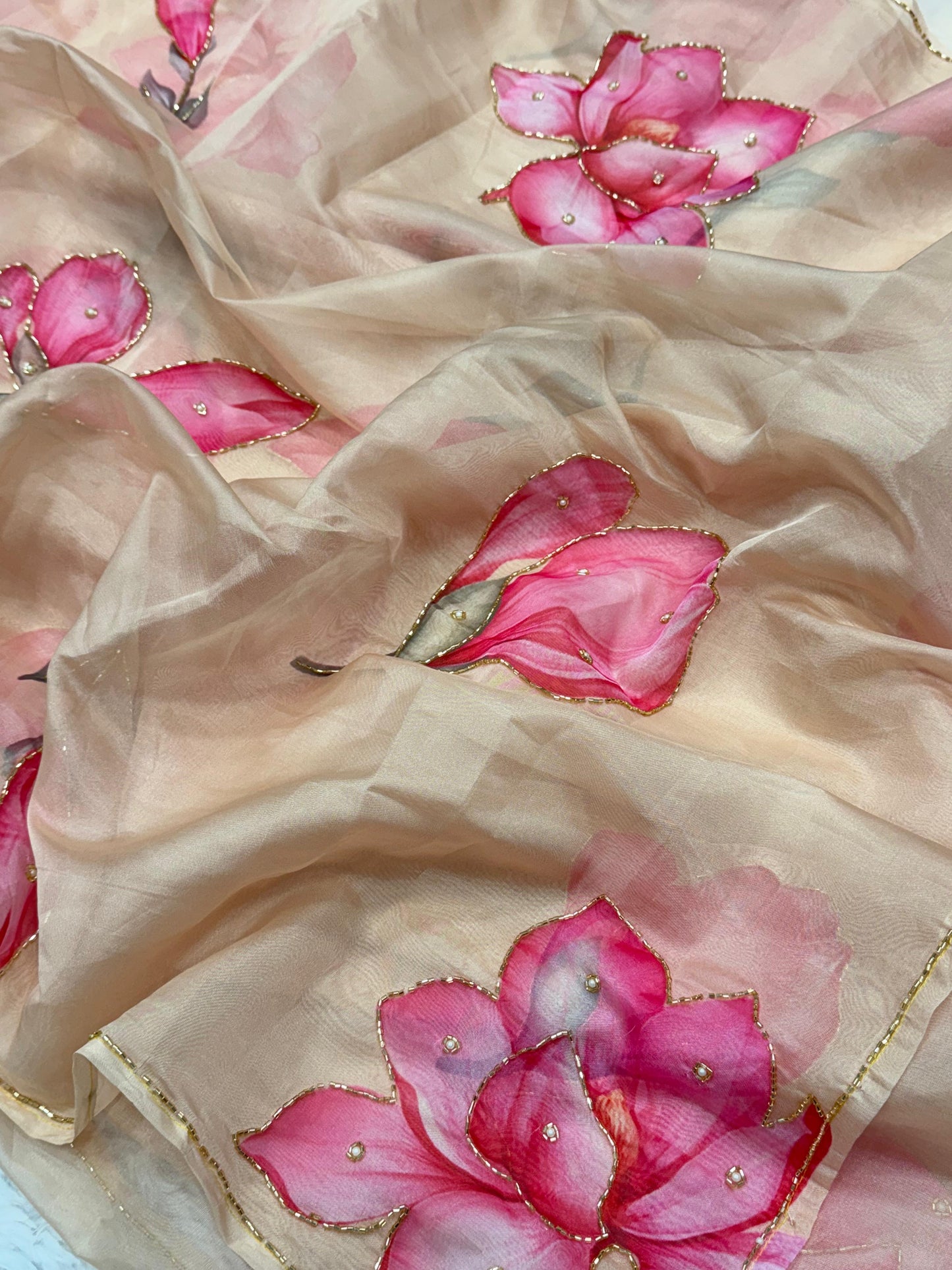 Rose Soft Tabi Organza Handwork Saree