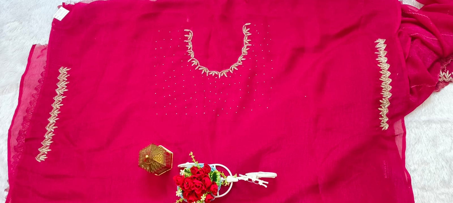 Rani Pink color cut work Jimmy-cho saree