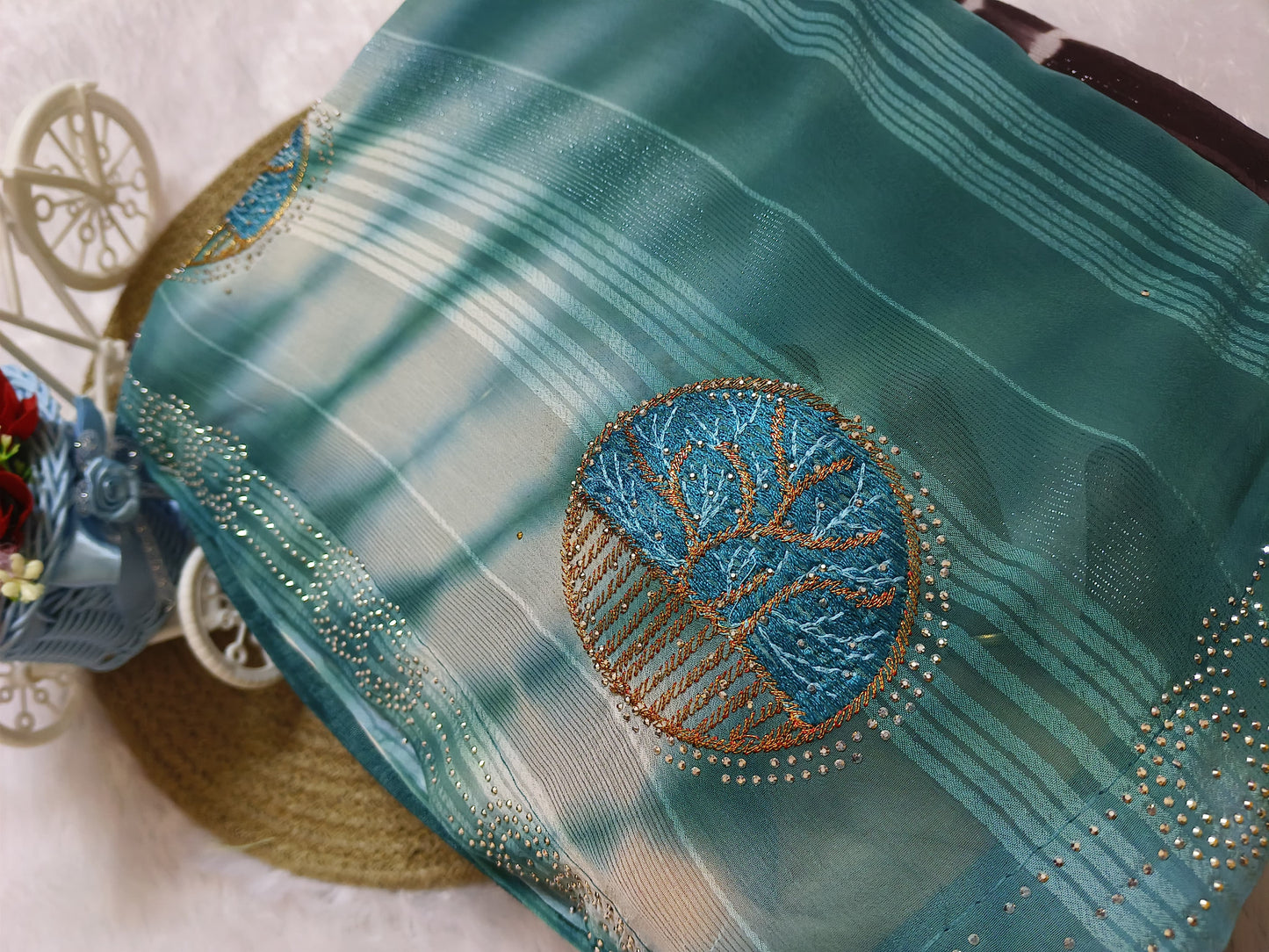Embroidery Teal Blue Georgette saree