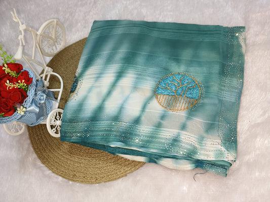 Embroidery Teal Blue Georgette saree