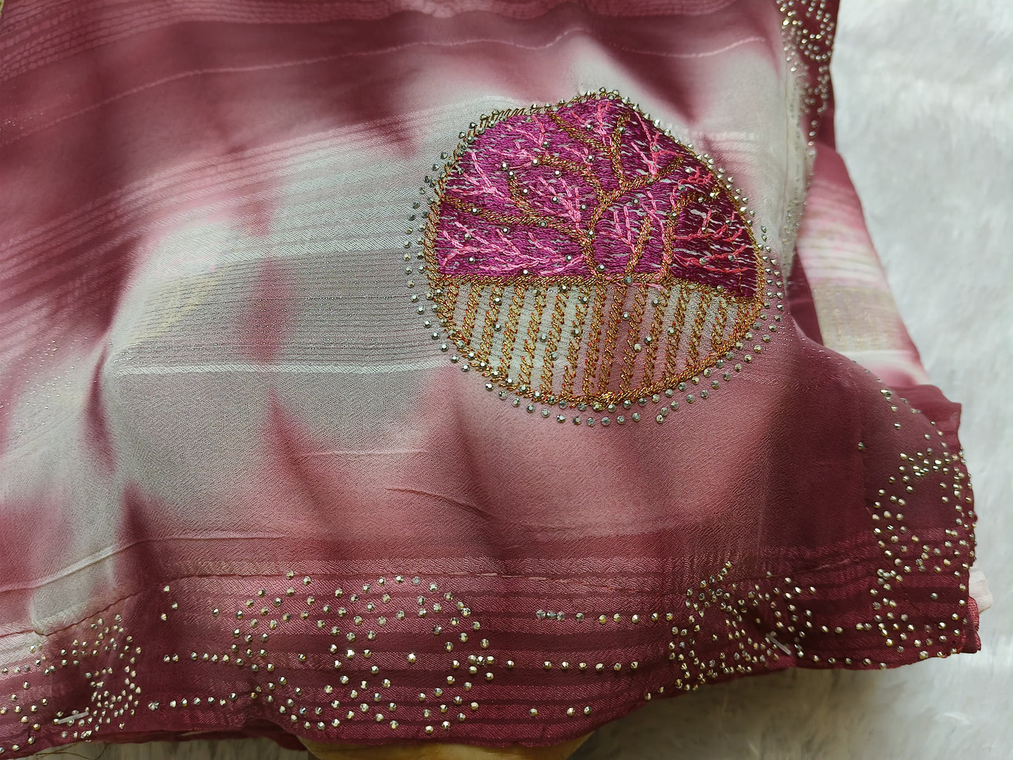 Embroidery Rose Pink Georgette saree