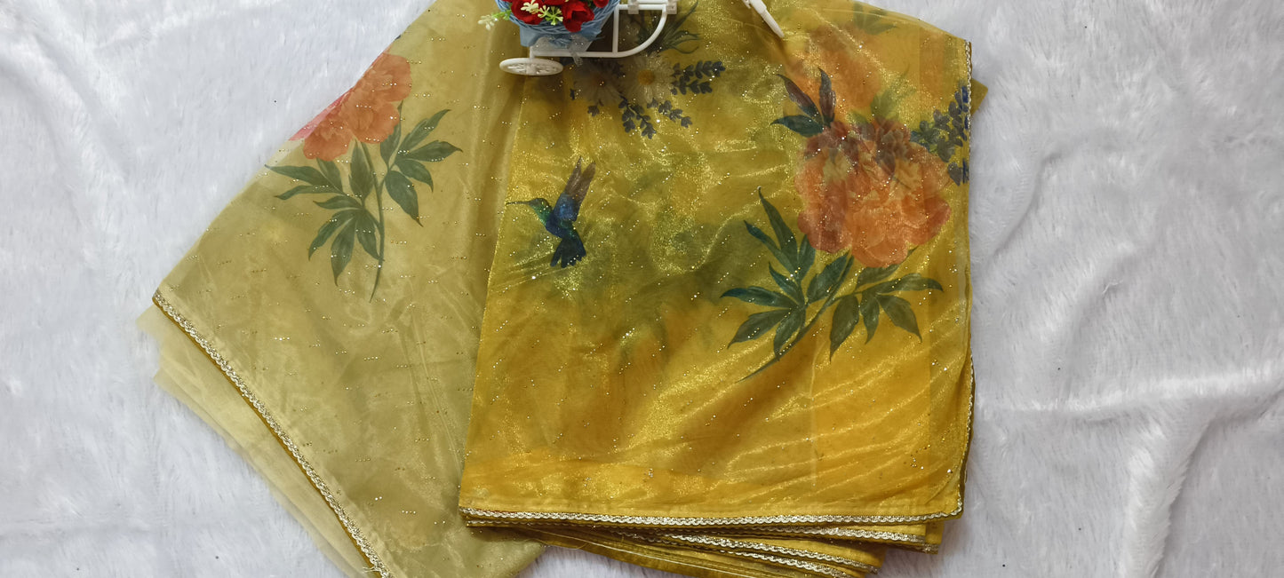 Yellow Digital Print Organza Saree