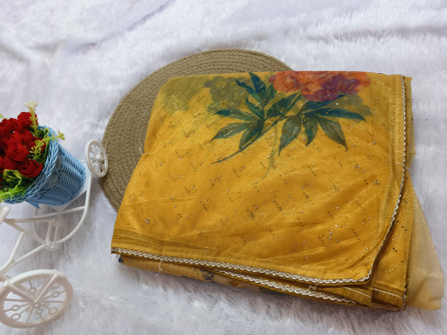 Yellow Digital Print Organza Saree