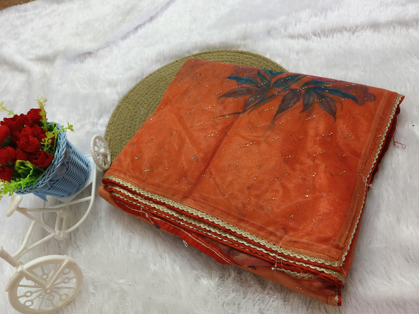 Orange Digital Print Organza Saree