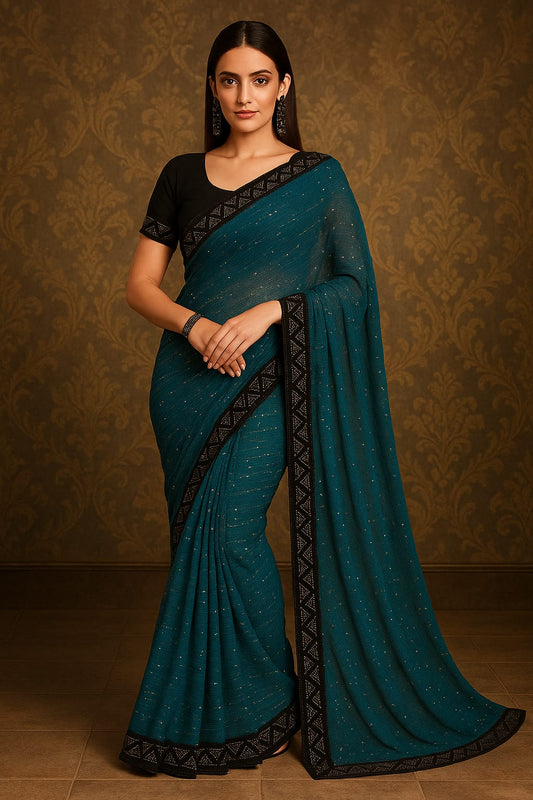 Teal Blue Color Stretchable Sequence Saree