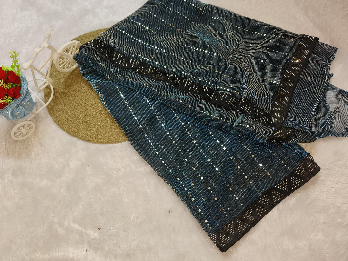 Teal Blue Color Stretchable Sequence Saree