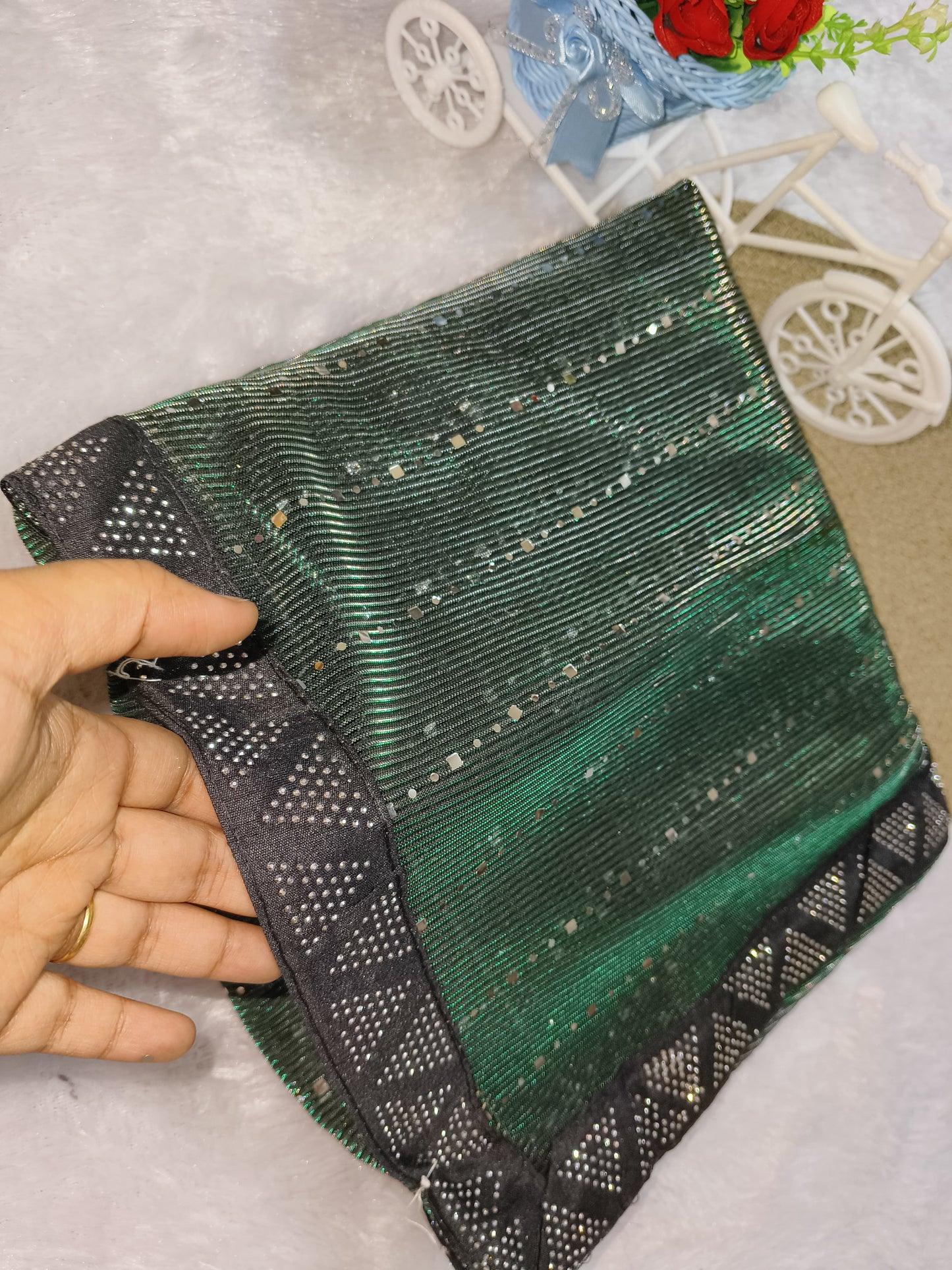 Green Color Stretchable Sequence Saree