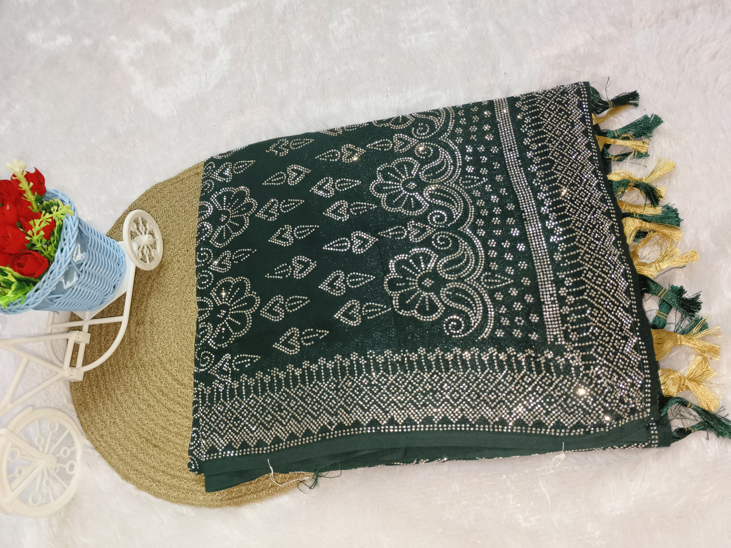 Dark Green Heavy Siroski Work Chiffon Saree