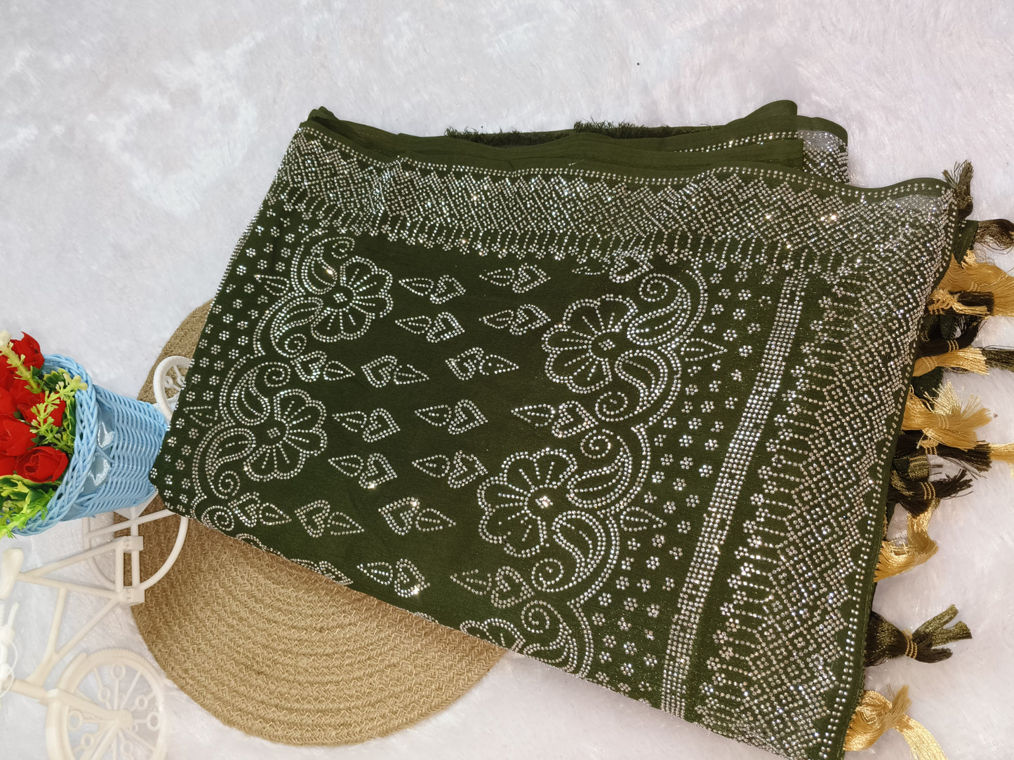 Green Heavy Siroski Work Chiffon Saree