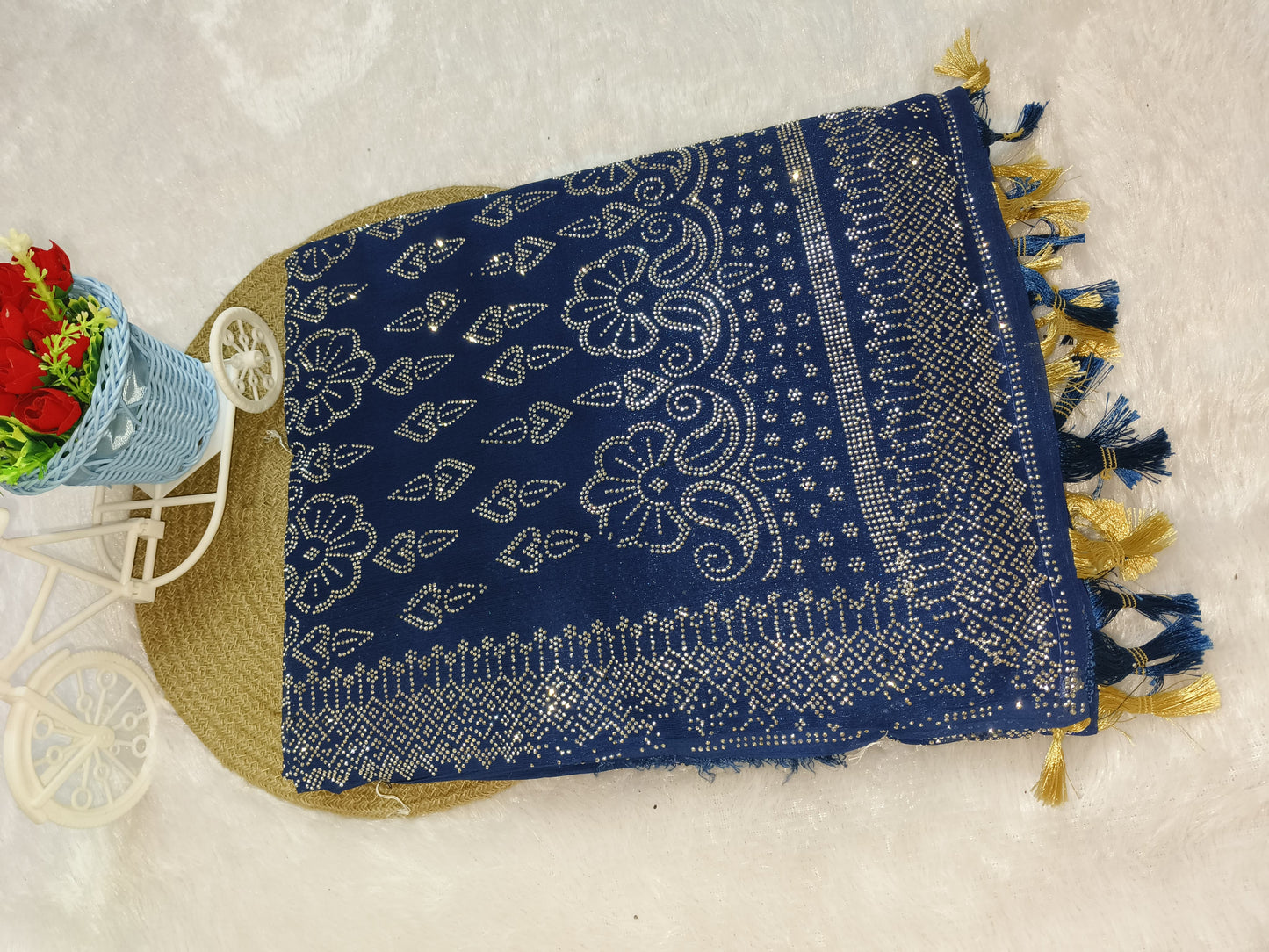 Blue Heavy Siroski Work Chiffon Saree