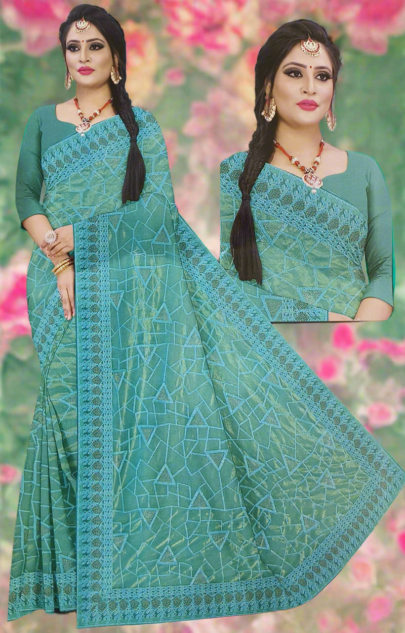 Teal Green Zari Embroidery Organza Saree