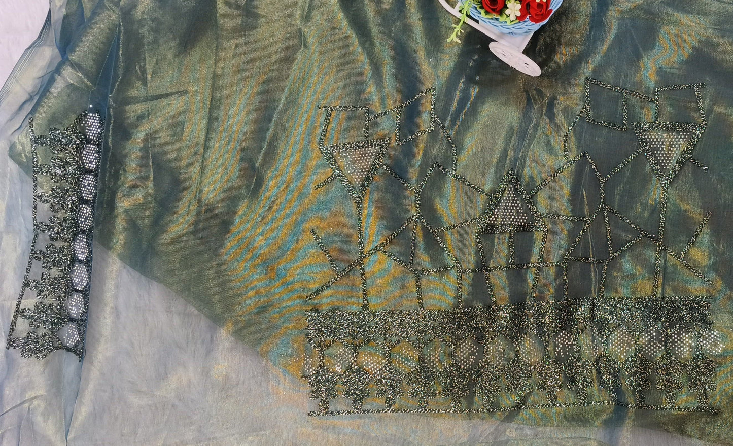 Teal Green Zari Embroidery Organza Saree