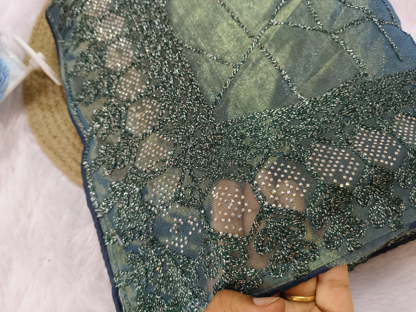 Teal Green Zari Embroidery Organza Saree