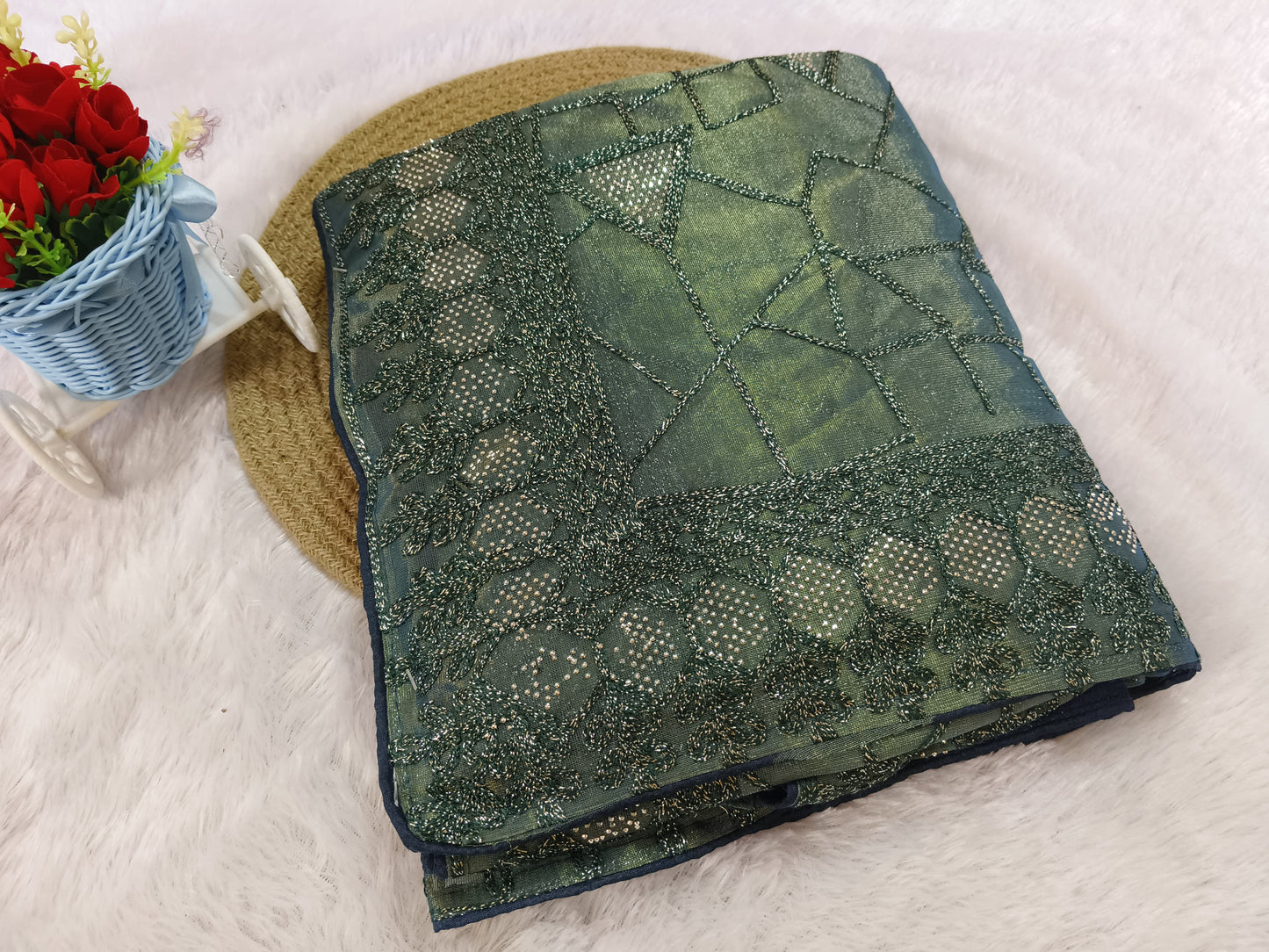 Teal Green Zari Embroidery Organza Saree