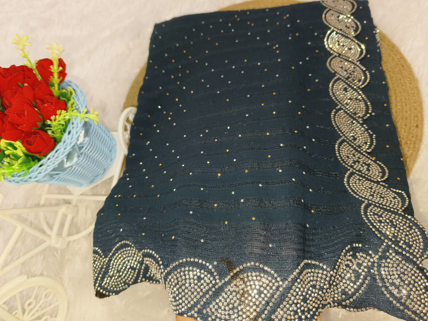 Tale Blue Designer Siroski Georgette Saree
