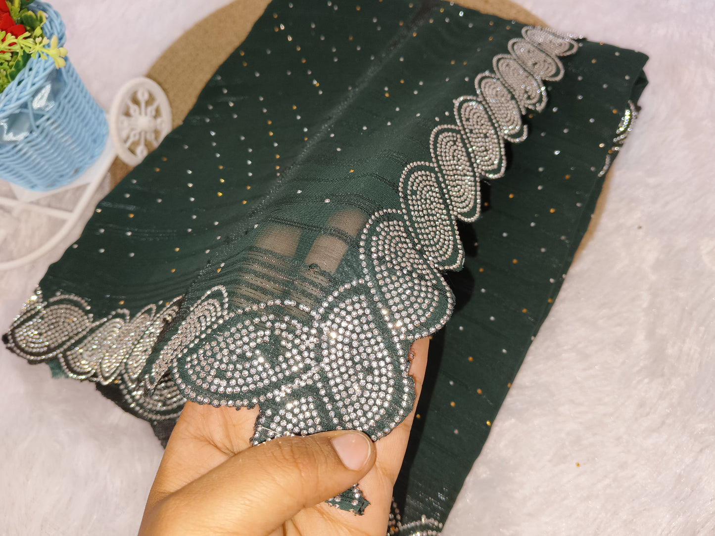 Dark Green Designer Siroski Georgette Saree