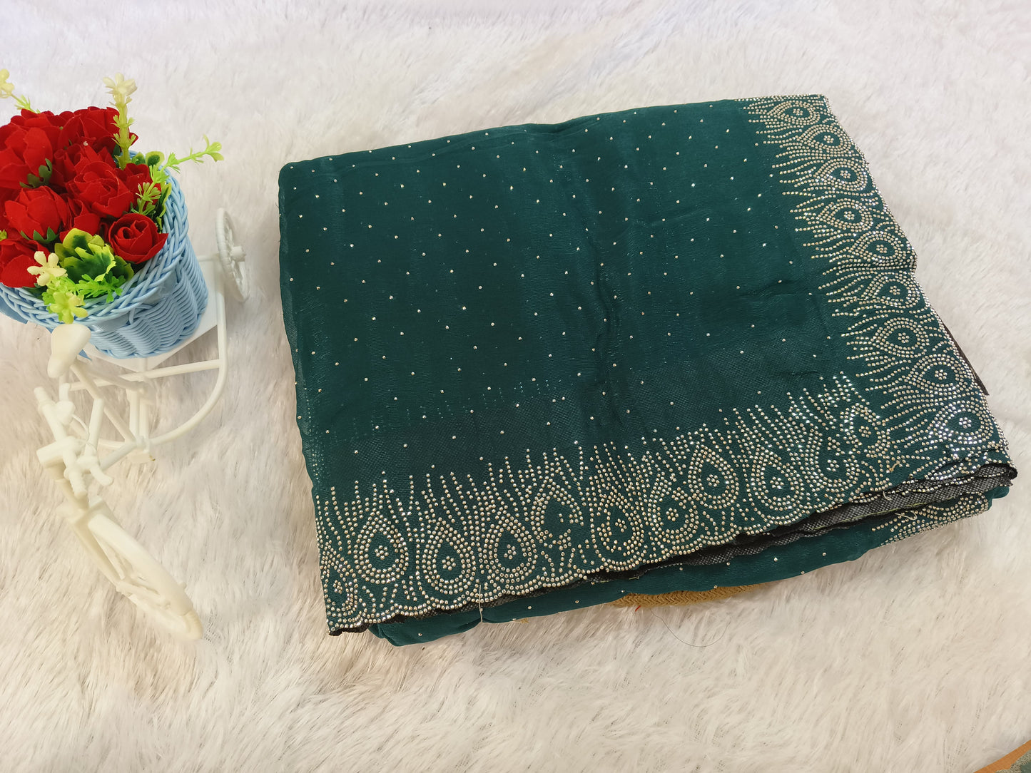 Dark Green Georgette Embellished Saree