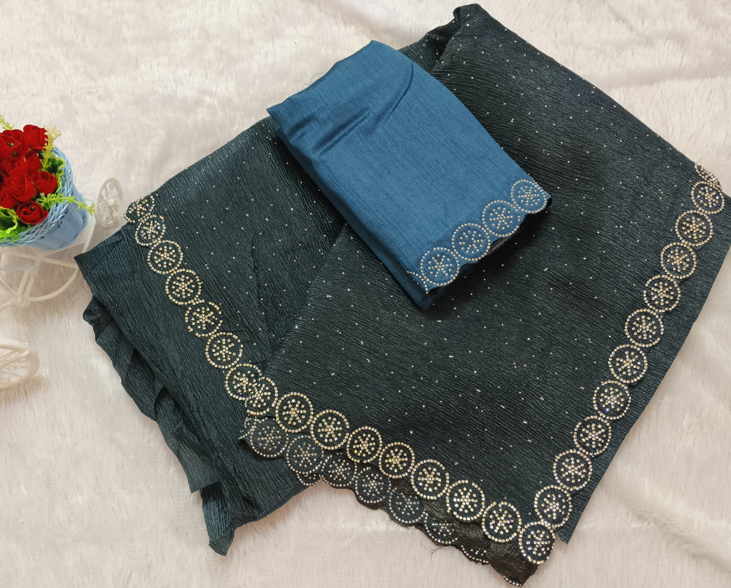 Teal Blue Stone Work Crush Fabric Saree