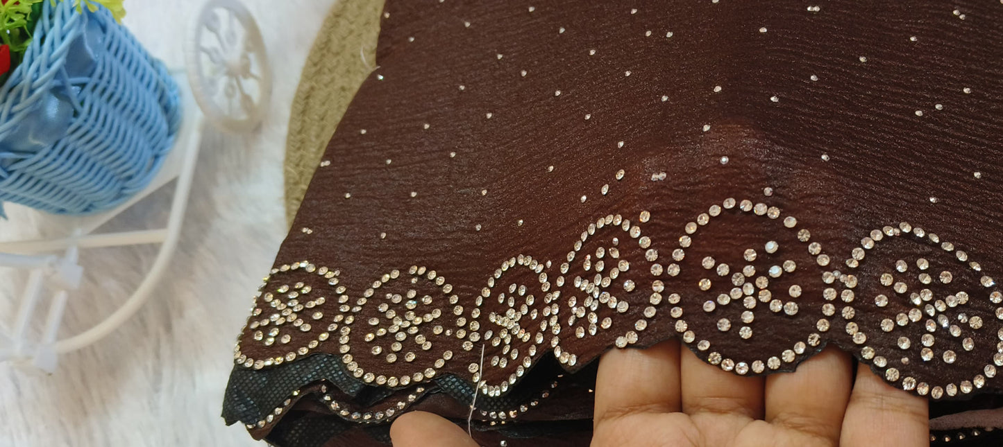 Brown Stone Work Crush Fabric Saree