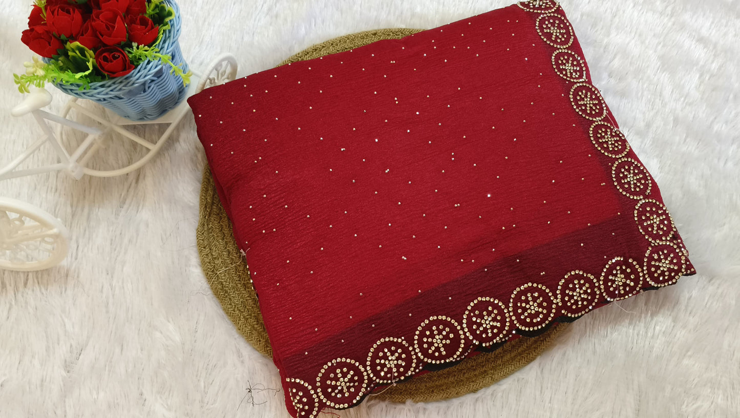 Red Stone Work Crush Fabric Saree