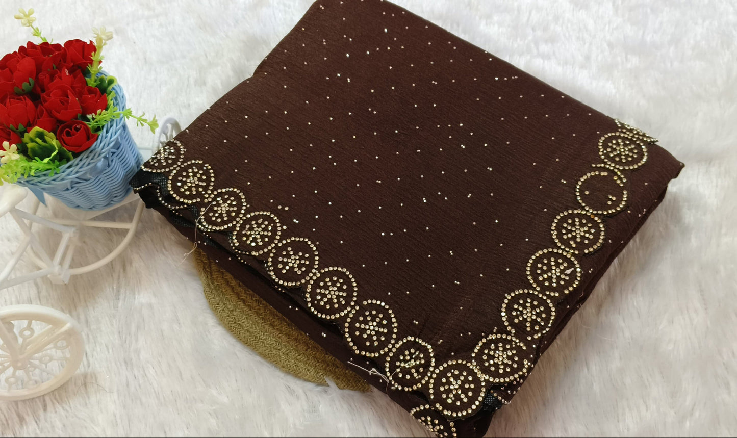 Brown Stone Work Crush Fabric Saree