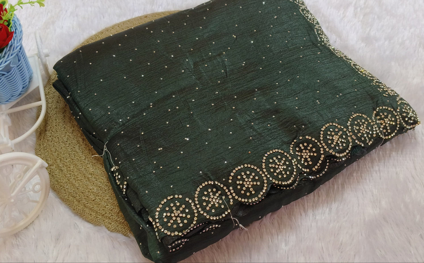 Dark Green Stone Work Crush Fabric Saree