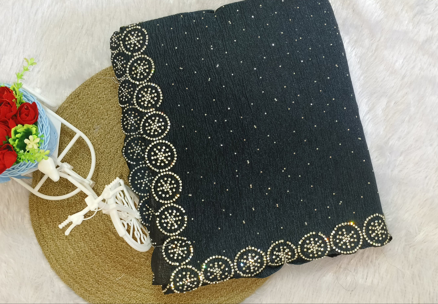 Teal Blue Stone Work Crush Fabric Saree