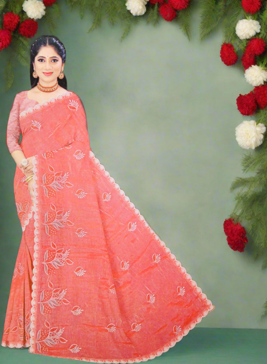 Coral Orange Embroidery sequence jimmichoo Saree