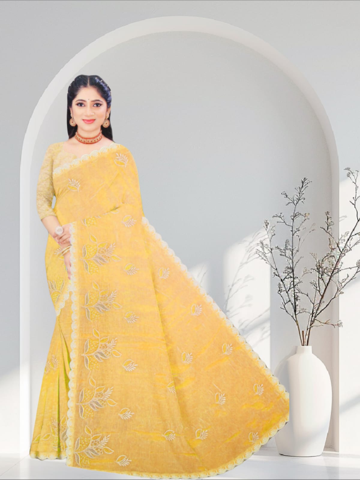 Yellow Embroidery sequence jimmichoo Saree
