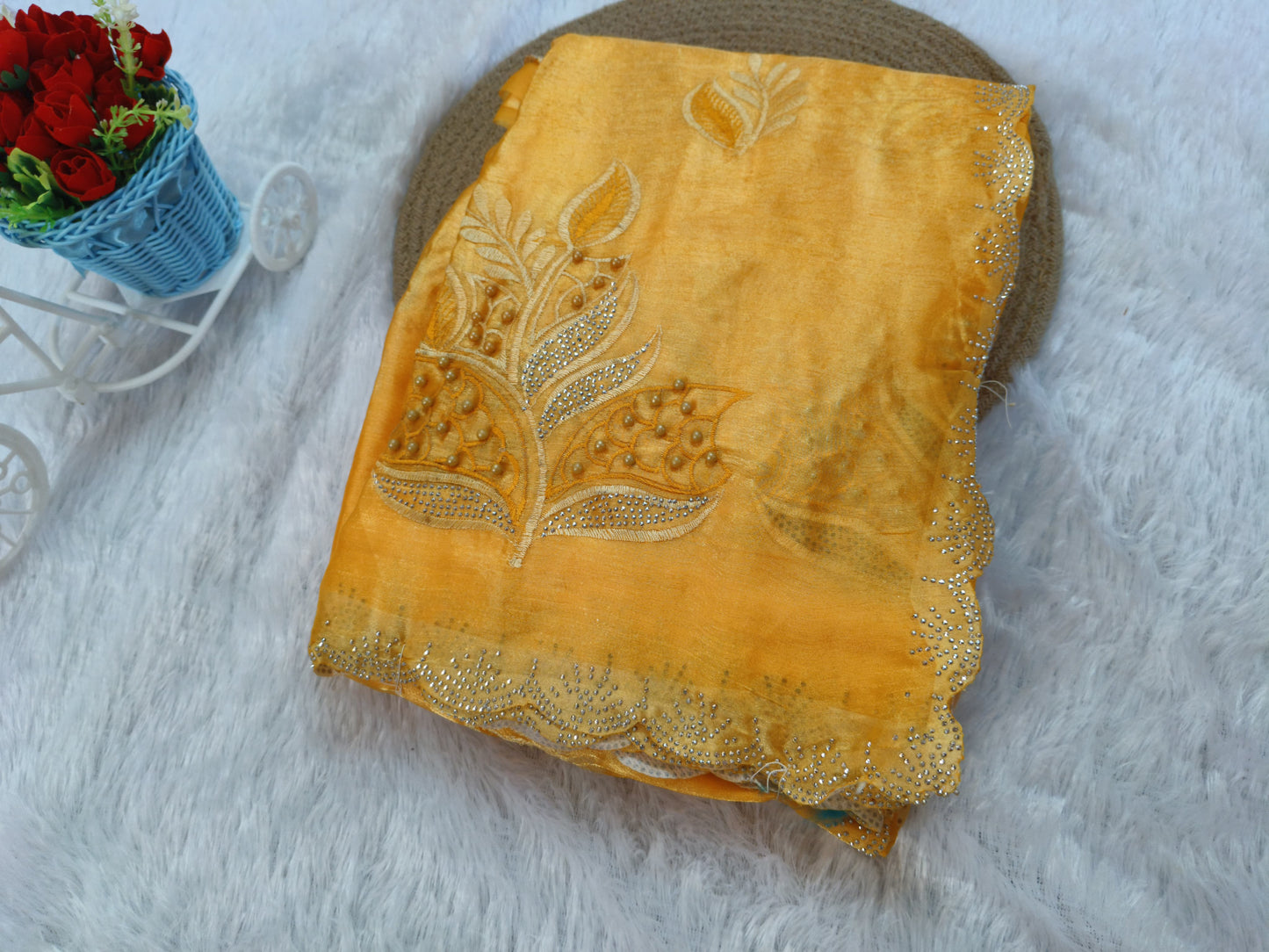 Yellow Embroidery sequence jimmichoo Saree