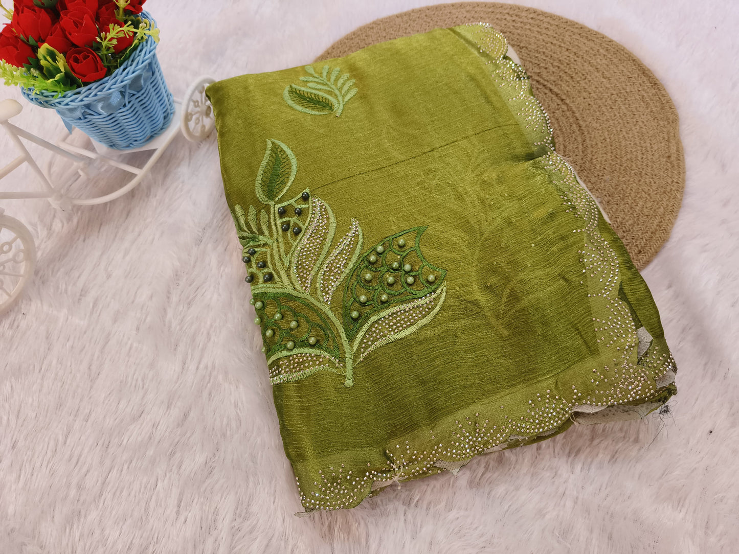 Olive Green Embroidery sequence jimmichoo Saree