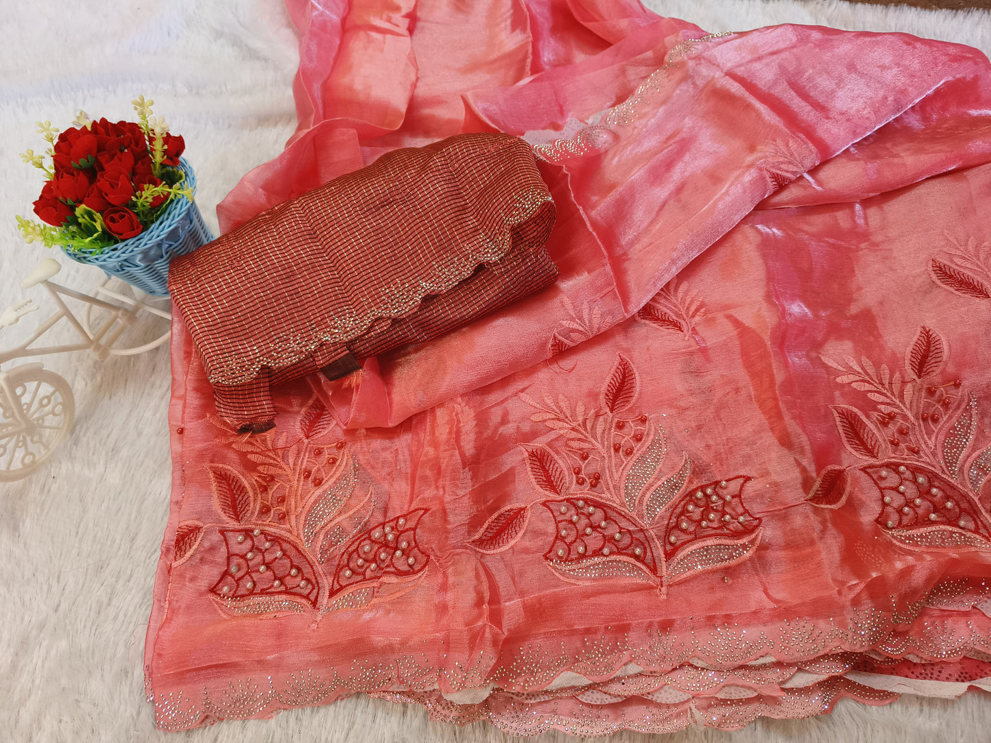 Coral Orange Embroidery sequence jimmichoo Saree