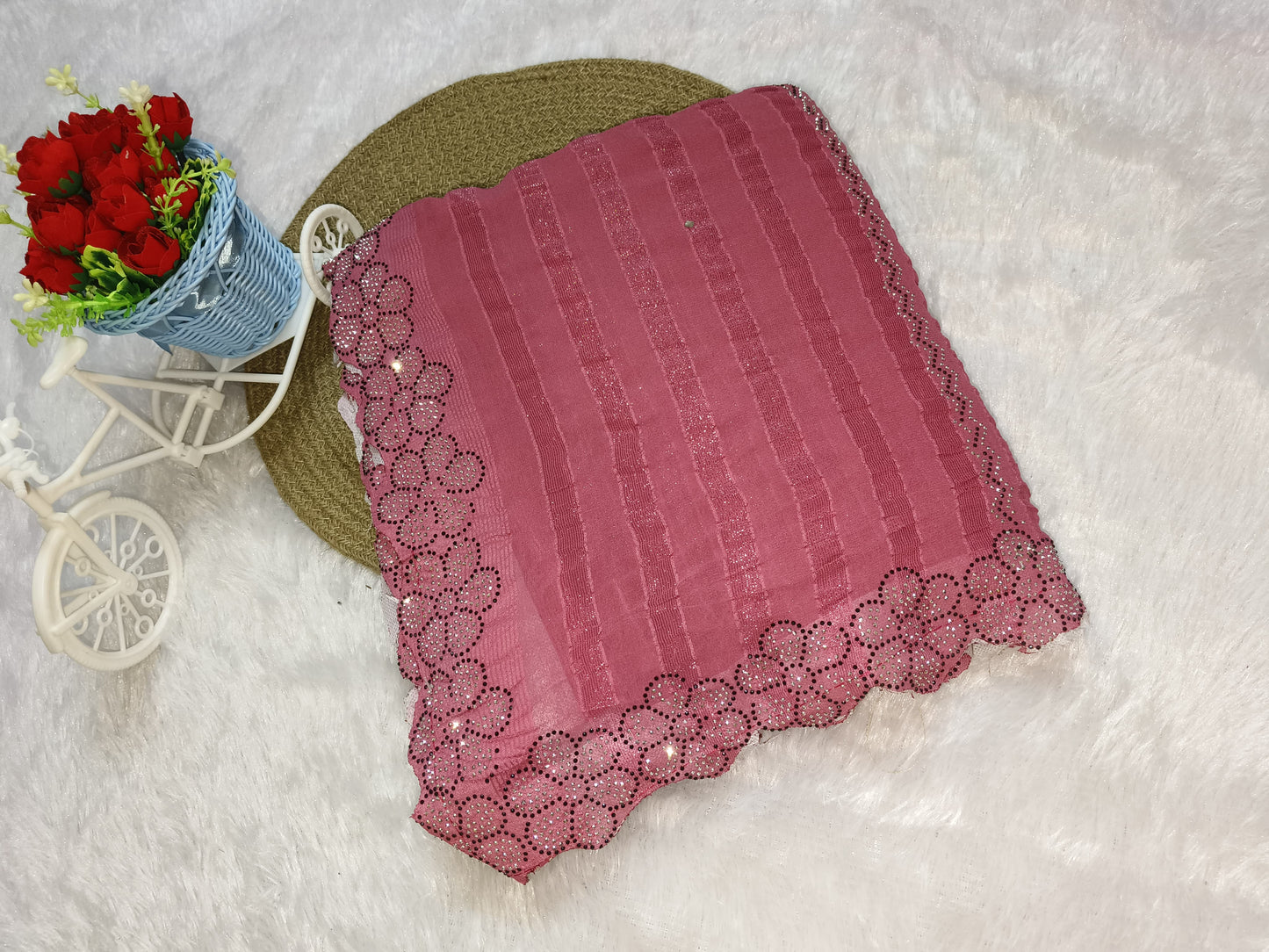 Flower Pattern Sequence Work Pink Saree