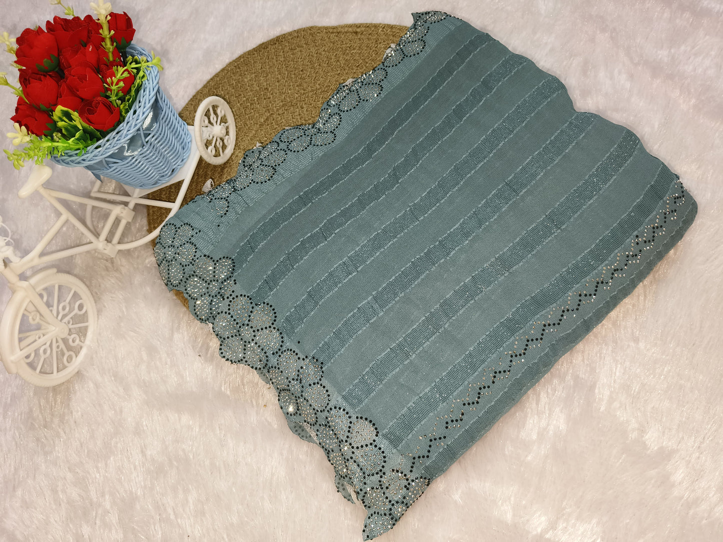 Flower Pattern Sequence Work Blue Saree