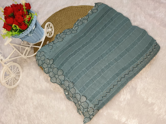 Flower Pattern Sequence Work Blue Saree