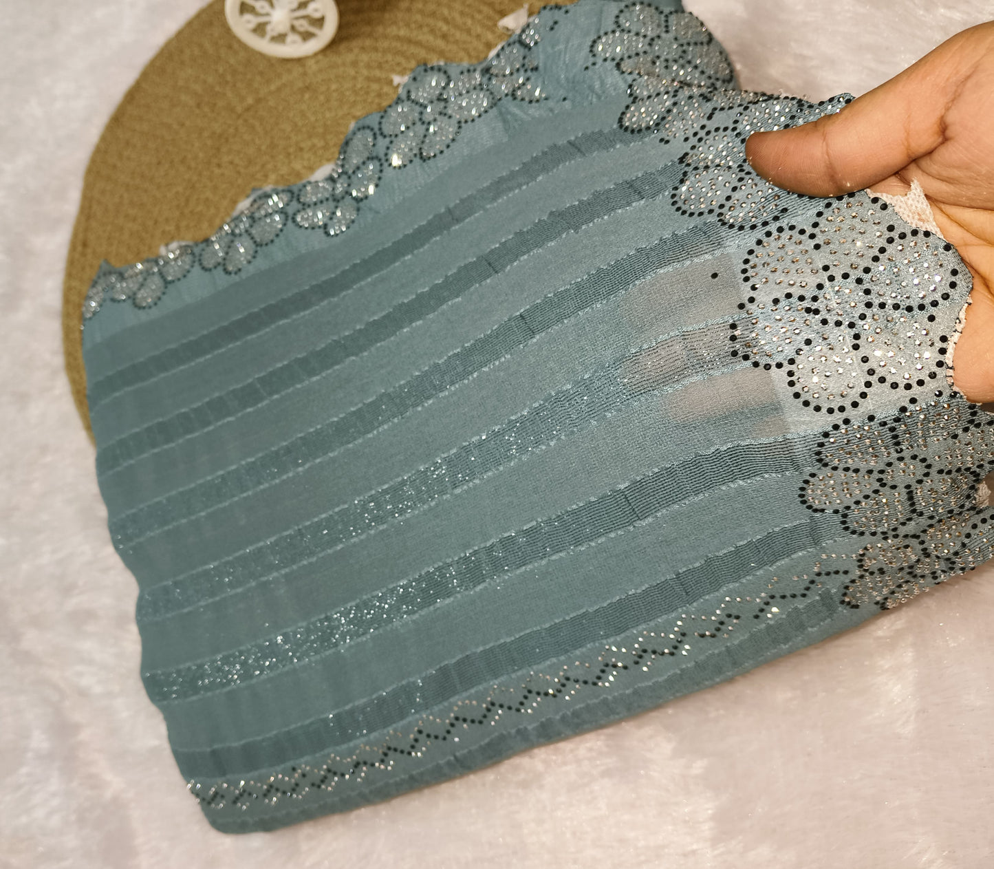 Flower Pattern Sequence Work Blue Saree