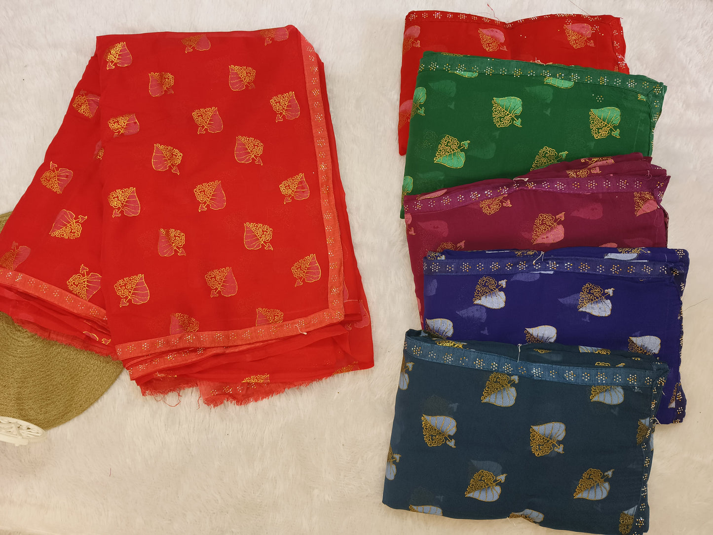 Golden Leaf Printed Red  Saree