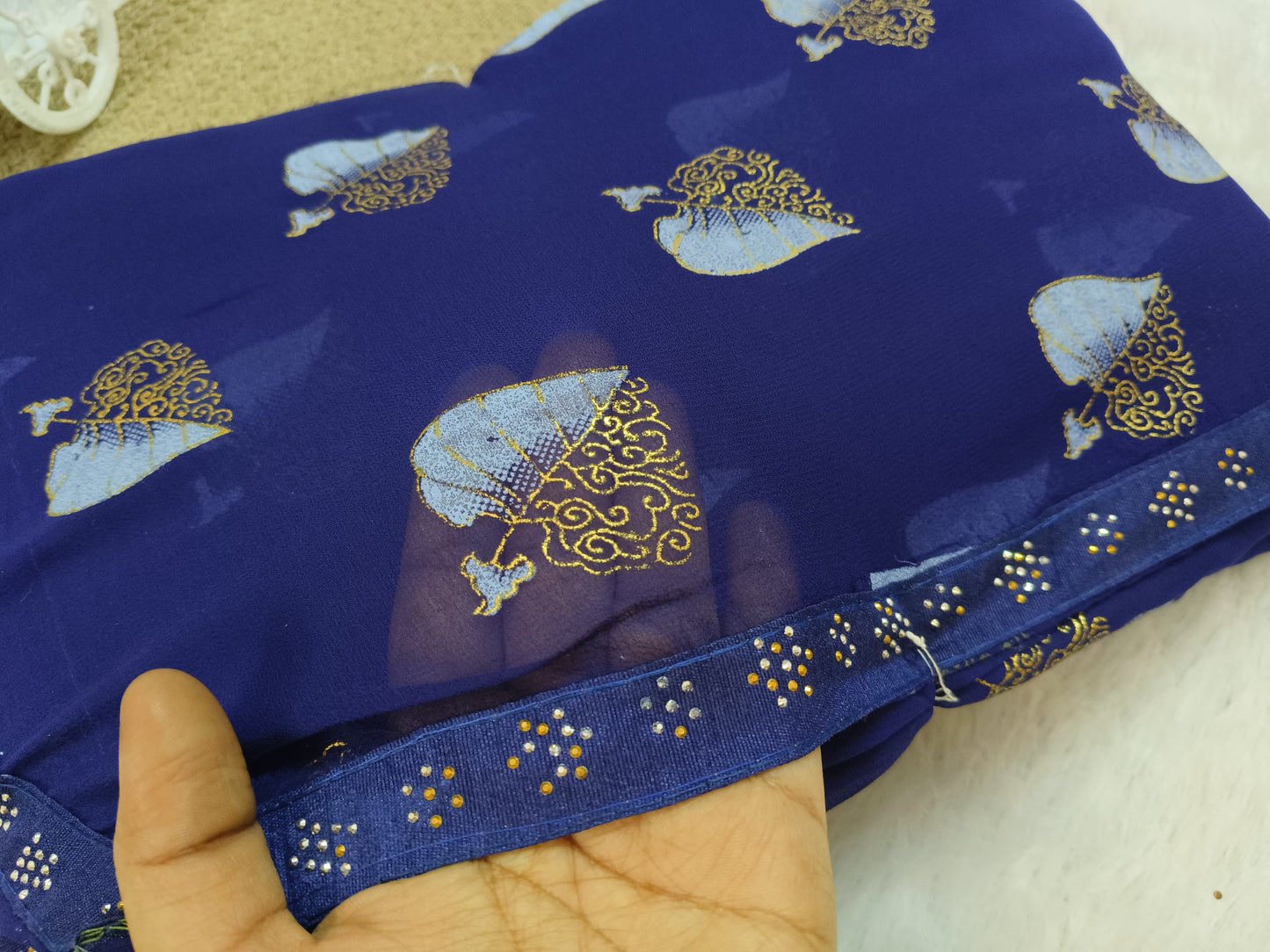Golden Leaf Printed Blue  Saree