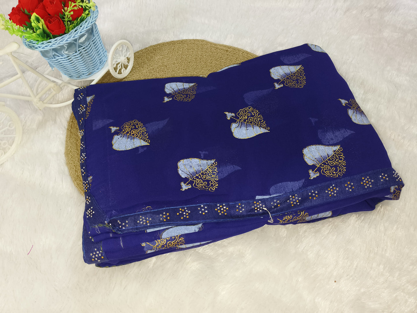 Golden Leaf Printed Blue  Saree