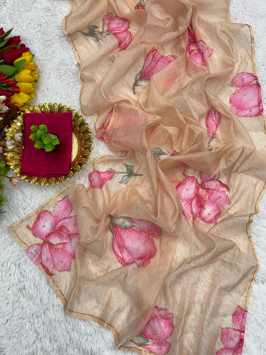 Rose Soft Tabi Organza Handwork Saree
