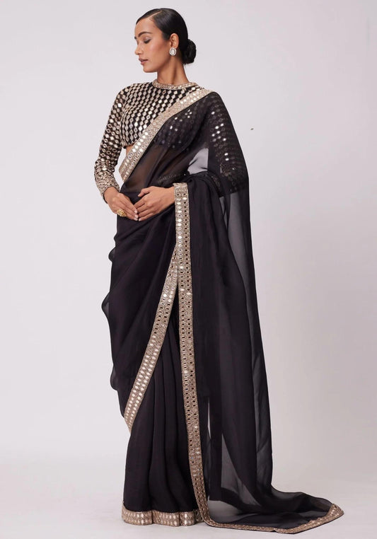 Black Color Heavy Mirror Work Saree