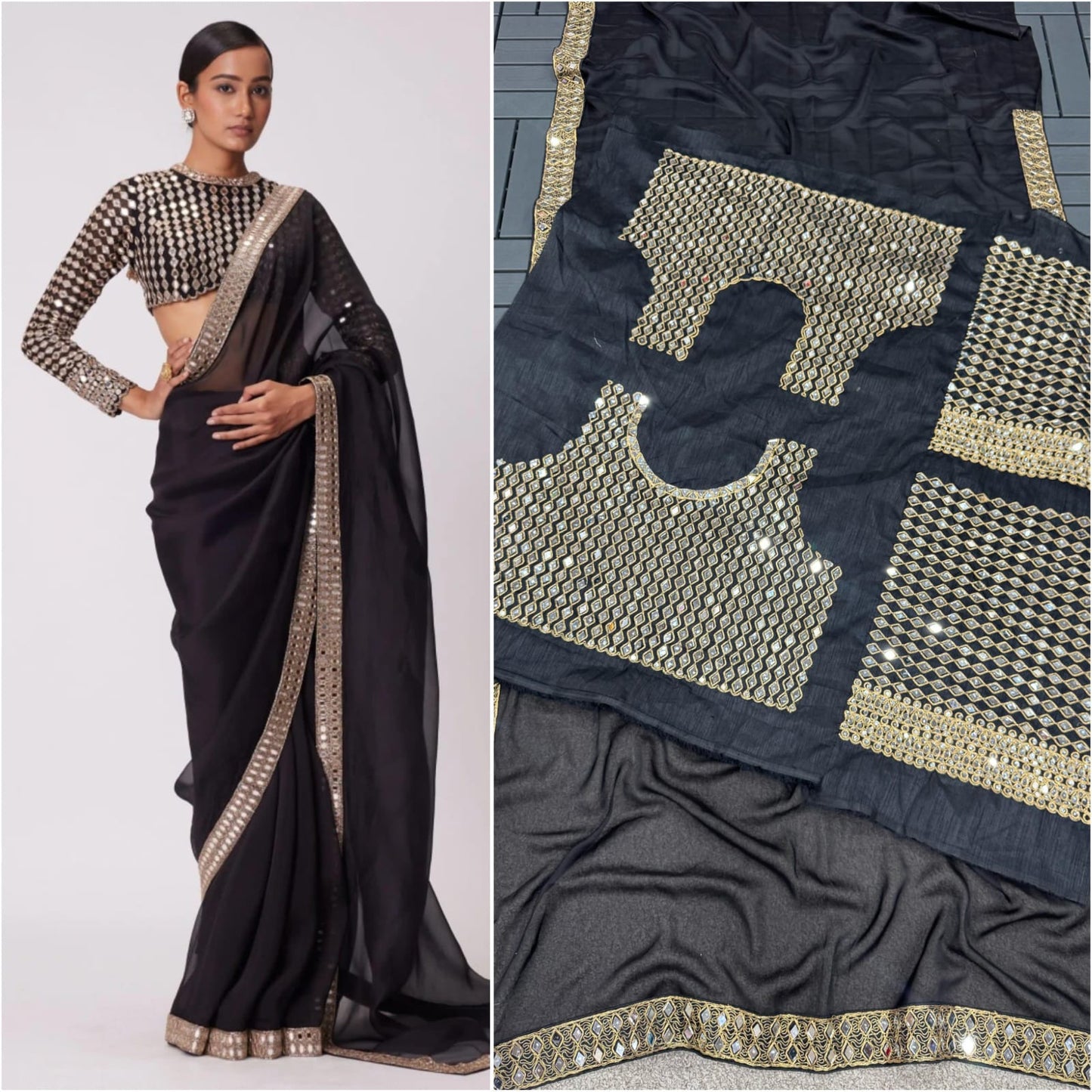 Black Color Heavy Mirror Work Saree
