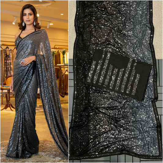 Black & Grey Bollywood Party Wear Georgette Sequence Saree
