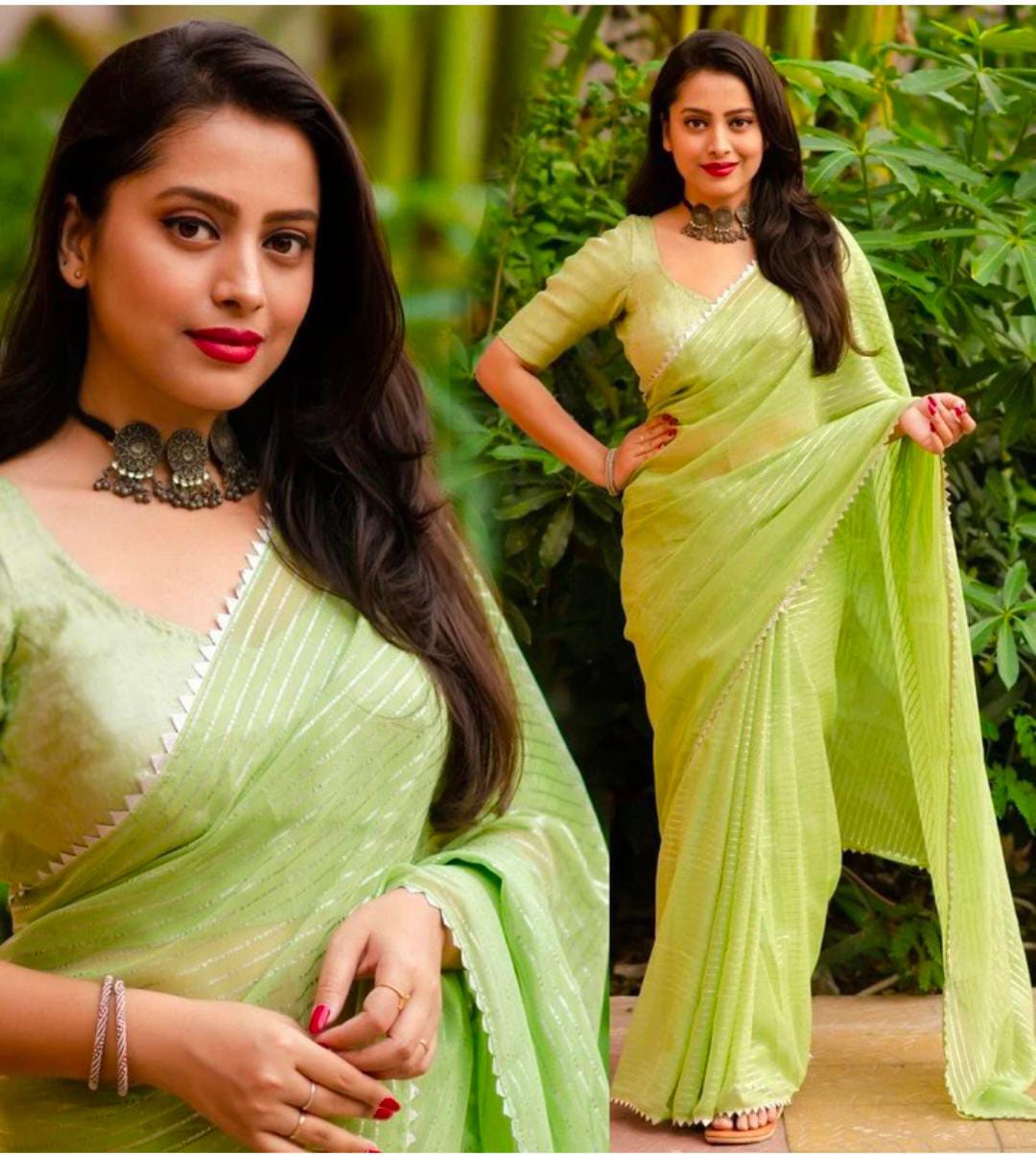 Pistachio Green Zari Woven Georgette Saree