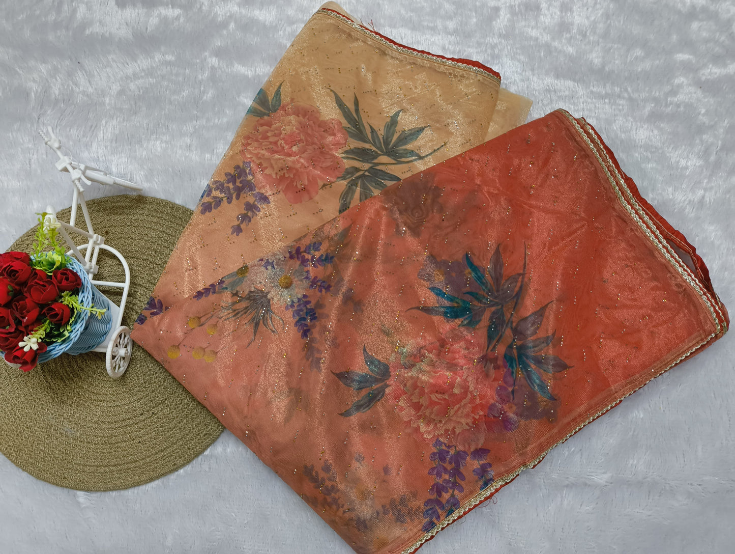 Orange Digital Print Organza Saree