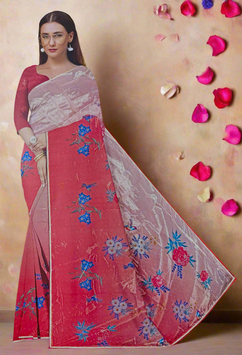 Pink Digital Print Organza Saree