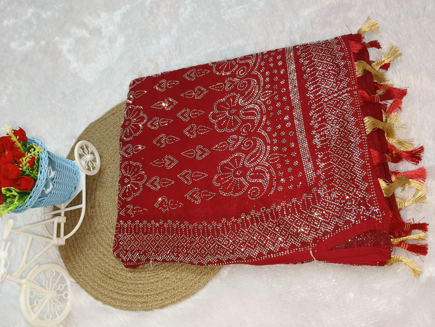 Red Heavy Siroski Work Chiffon Saree