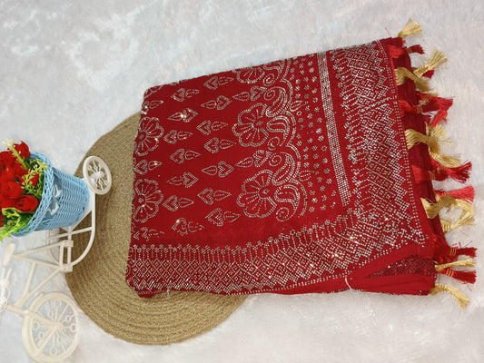 Red Heavy Siroski Work Chiffon Saree