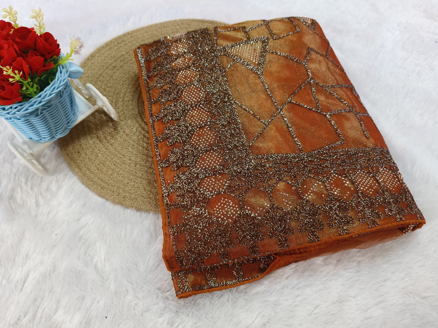 Orange Zari Embroidery Organza Saree